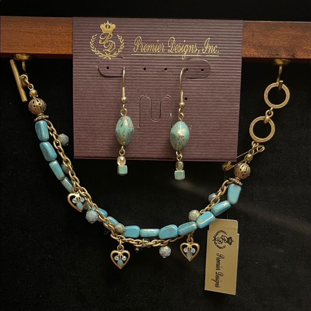 Premier Designs Turquoise and Gold Bracelet and Earrings
